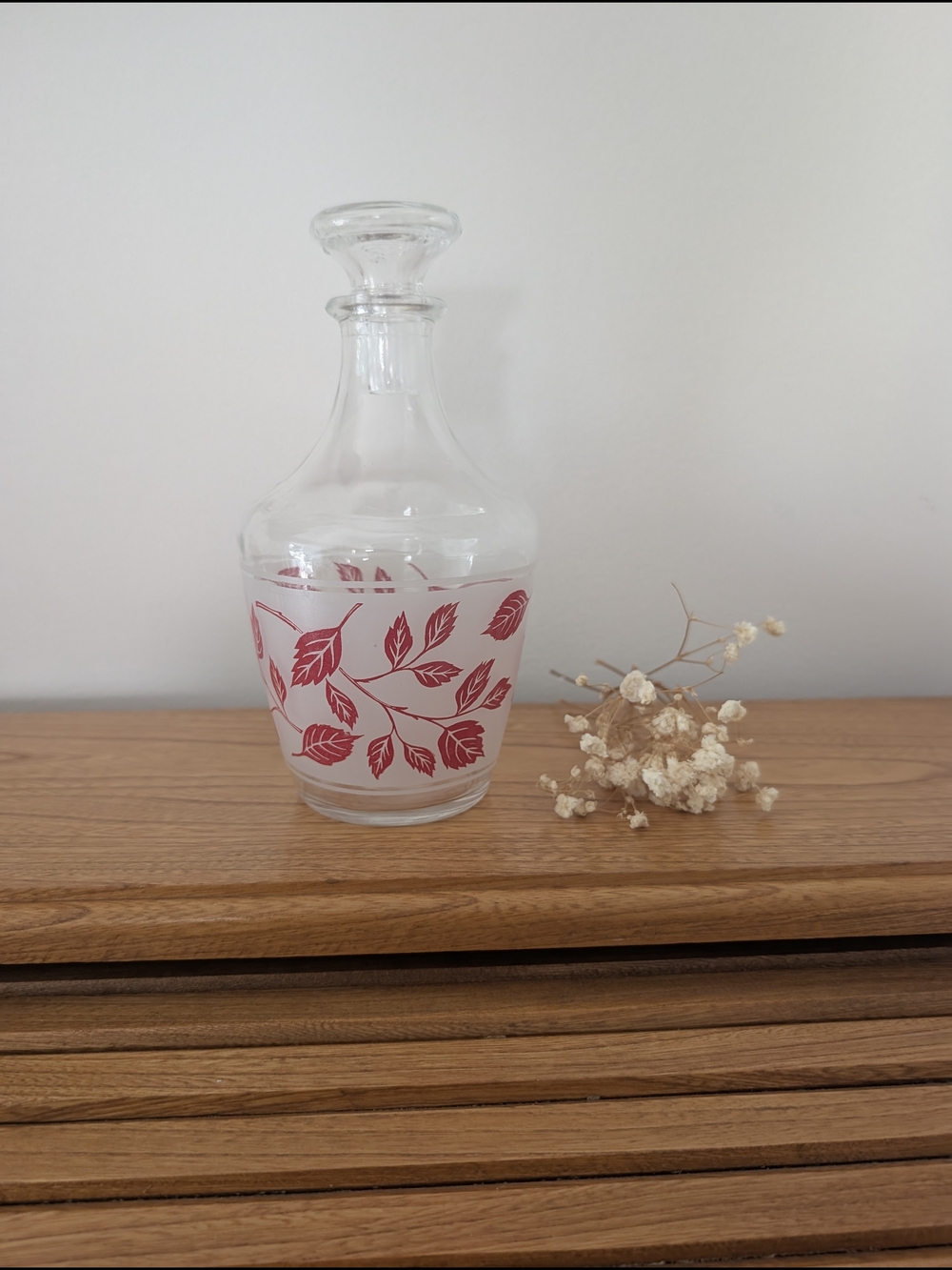 Clear Glass Decanter with Red Leaf Motif